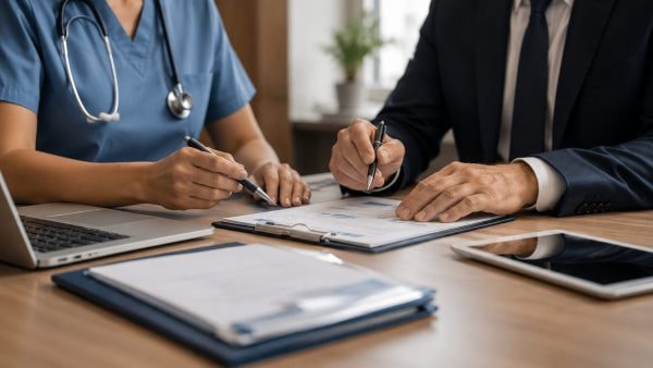 Healthcare professional and consultant reviewing documents together
